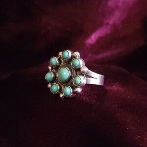 Native American Zuni Sterling Silver and Turquoise Cluster Ring Sz 10